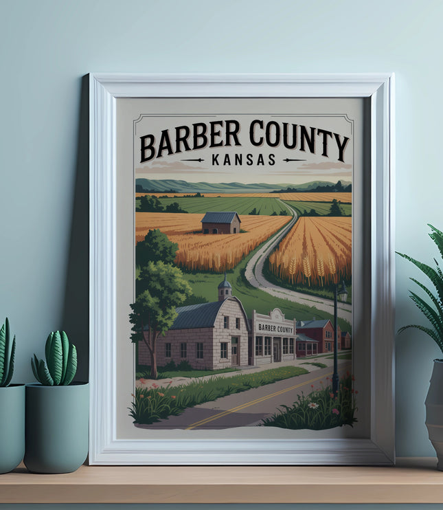 Barber County Kansas framed print featuring a pastoral landscape with buildings.