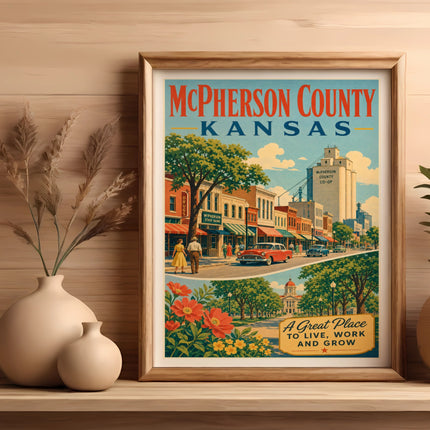 Vintage travel poster for McPherson County, Kansas, featuring a town scene and slogan.