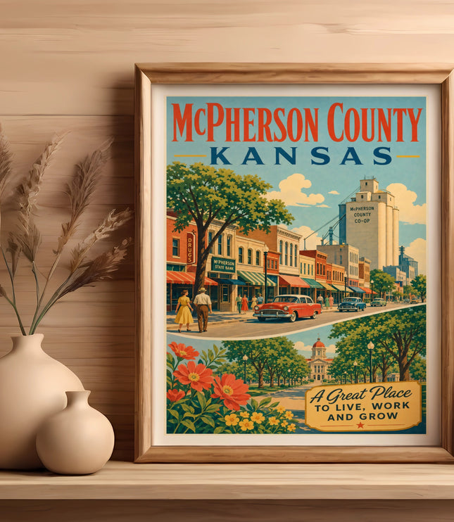 Vintage travel poster for McPherson County, Kansas, featuring a town scene and slogan.