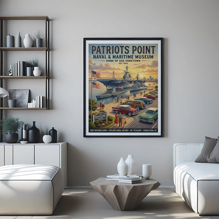 Framed vintage poster of Patriots Point Naval & Maritime Museum with ships and cars.