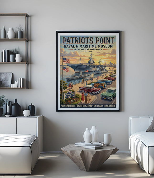 Framed vintage poster of Patriots Point Naval & Maritime Museum with ships and cars.