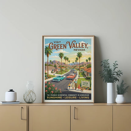Vintage poster for Green Valley, Nevada, advertising sunshine, leisure, and living.