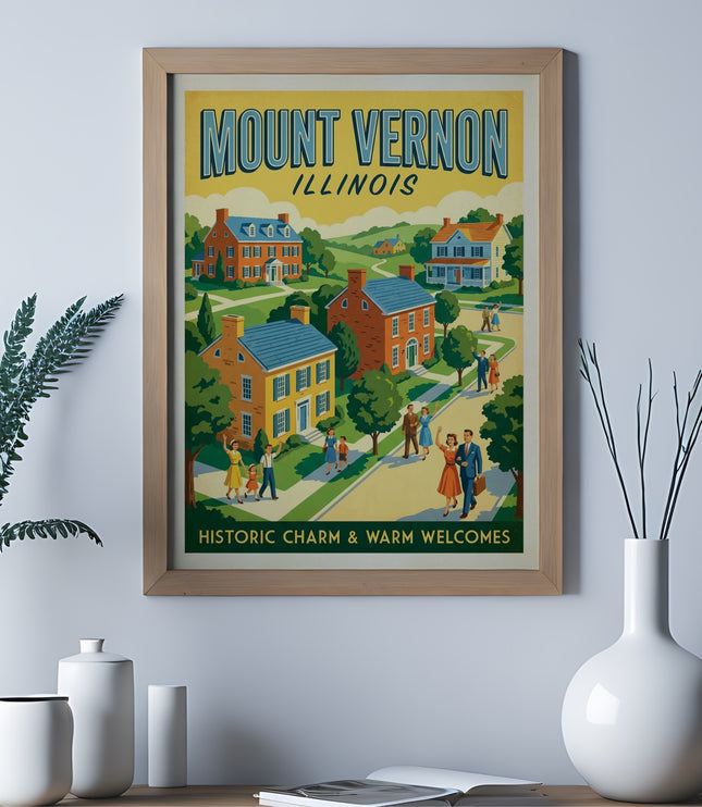 Vintage poster of Mount Vernon, Illinois, depicting houses, people, and "Historic Charm & Warm Welcomes."