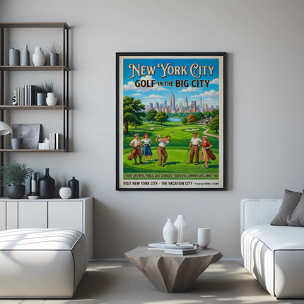 New York City Golf in the Big City poster with golfers.