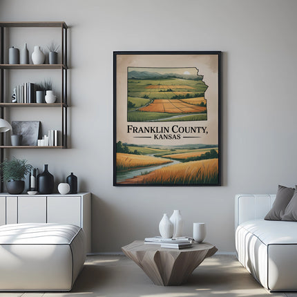 Map of Franklin County, Kansas, showing agricultural fields and a river.