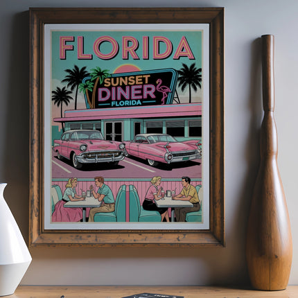 Retro Florida Sunset Diner scene with classic cars and palm trees.
