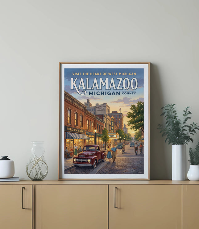 Kalamazoo, Michigan vintage travel poster with street scene and buildings.