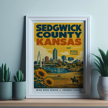 Sedgwick County Kansas poster with Wichita skyline, sunflowers, and cattle.