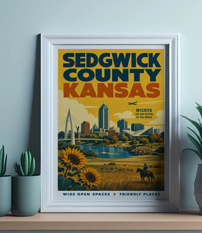 Sedgwick County Kansas poster with Wichita skyline, sunflowers, and cattle.