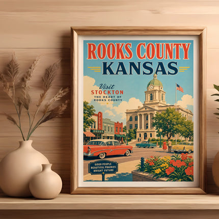 Vintage Rooks County Kansas poster with Stockton's town square and historic buildings.