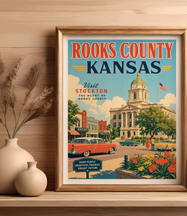 Vintage Rooks County Kansas poster with Stockton's town square and historic buildings.
