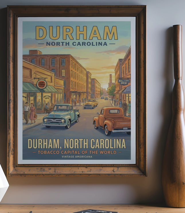 Poster of Durham, North Carolina, featuring vintage cars and buildings.