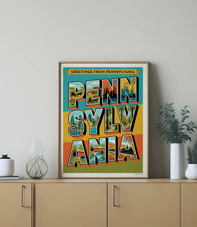 Greetings from Pennsylvania postcard featuring landmarks and scenic views.