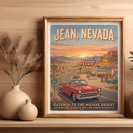 Retro Jean, Nevada postcard with vintage car and Shell gas station.