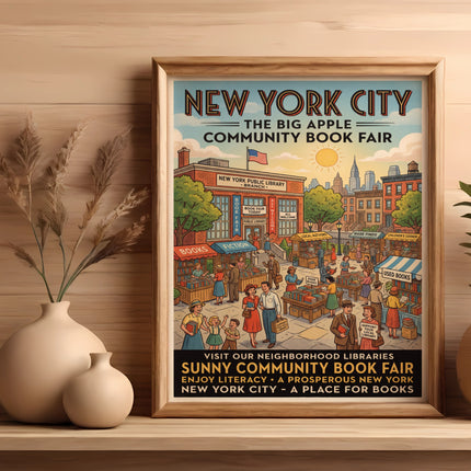 New York City Community Book Fair poster with illustrated street scene and library branch.
