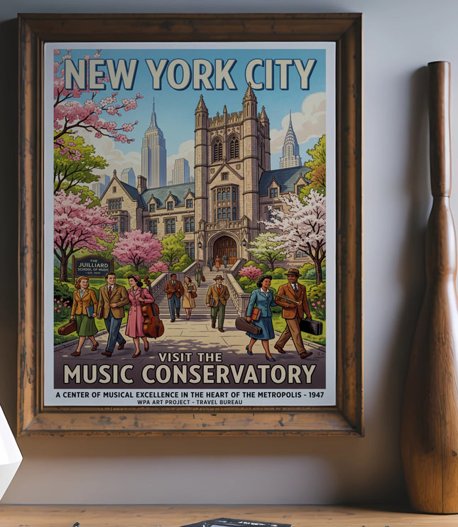 New York City Music Conservatory vintage travel poster with buildings and people.