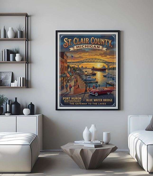 Vintage poster featuring St. Clair County, Michigan waterfront and Blue Water Bridge.