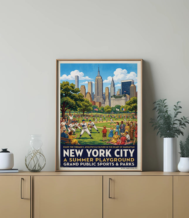 New York City summer playground poster with baseball game and skyline.