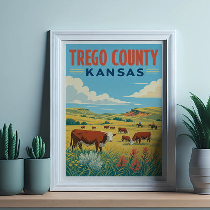 Treg County Kansas poster with cows in a field and potted plants.