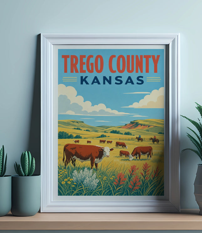 Treg County Kansas poster with cows in a field and potted plants.