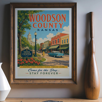 Woodson County, Kansas travel poster with "Come for the Day... Stay Forever" text.