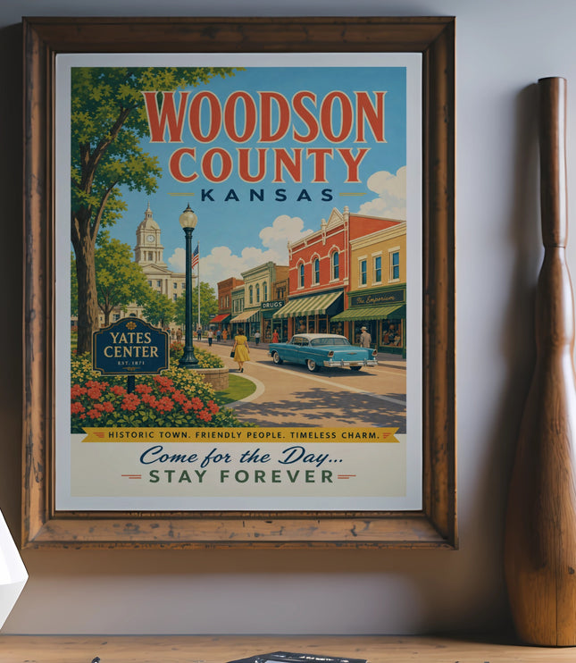 Woodson County, Kansas travel poster with "Come for the Day... Stay Forever" text.