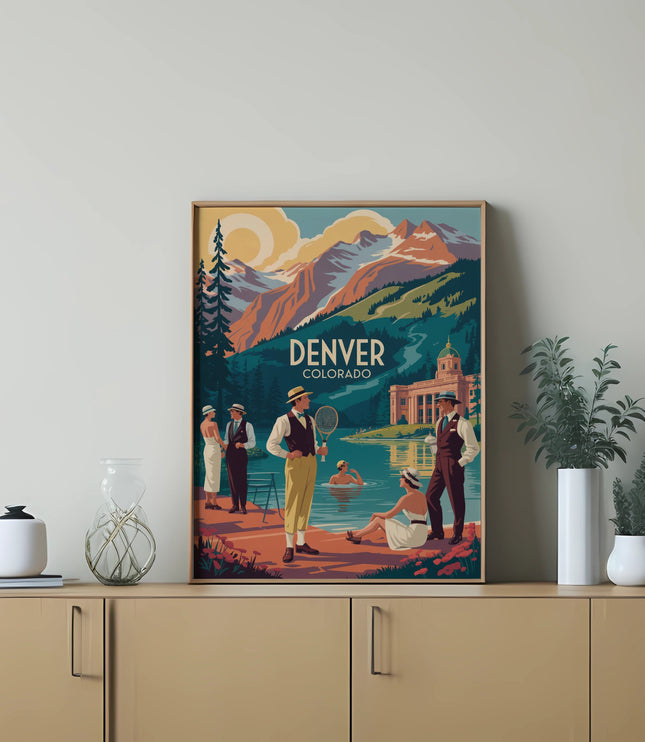 Vintage travel poster for Denver, Colorado featuring people by a lake with mountains behind.