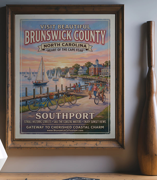 Southport, North Carolina vintage travel poster with sailboats and bikes.