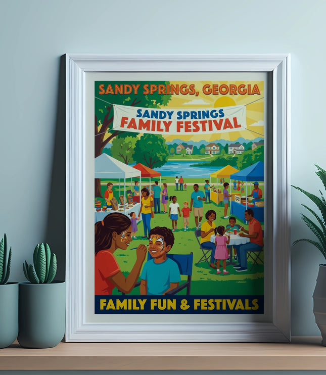 Sandy Springs, Georgia Family Festival poster with activities and people.