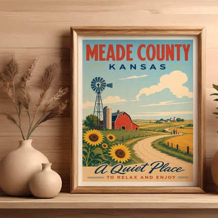 Meade County Kansas poster with a red barn, windmill, sunflowers, and a country road.