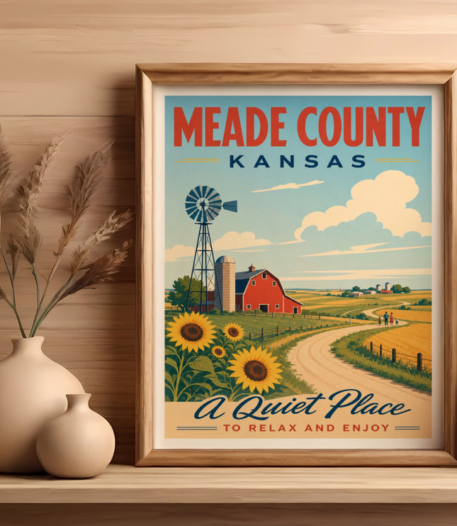 Meade County Kansas poster with a red barn, windmill, sunflowers, and a country road.