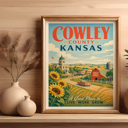 Cowley County, Kansas vintage travel poster with sunflowers and red barn.