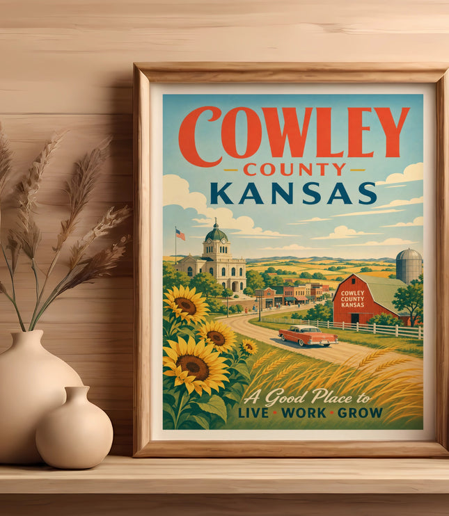 Cowley County, Kansas vintage travel poster with sunflowers and red barn.