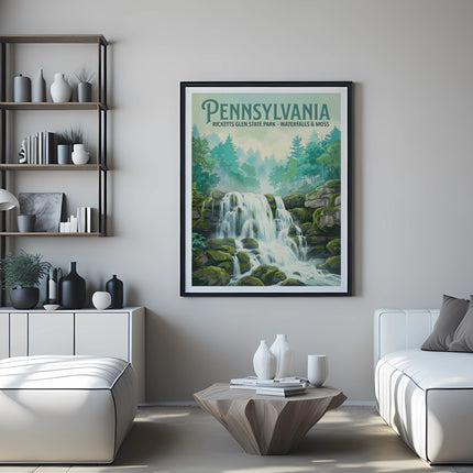 Pennsylvania Ricketts Glen State Park waterfall poster above a modern living room sofa.
