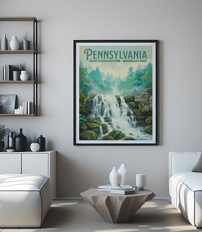Pennsylvania Ricketts Glen State Park waterfall poster above a modern living room sofa.