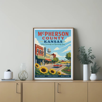 McPherson County Kansas poster with vintage storefronts, sunflowers, and highway sign.