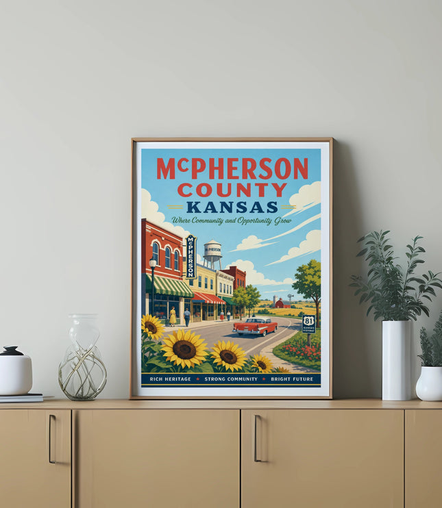 McPherson County Kansas poster with vintage storefronts, sunflowers, and highway sign.