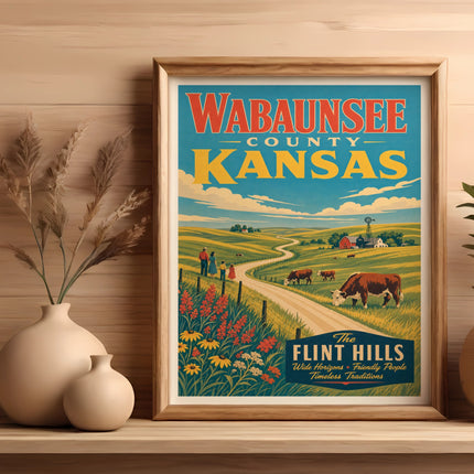 Wabaunsee County vintage travel poster with rolling hills and farm animals.