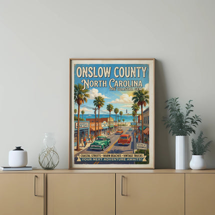 Onslow County North Carolina vintage travel poster, coastal scene with palm trees and cars.