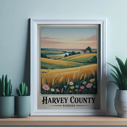 Framed "HARVEY COUNTY KANSAS" landscape print with wheat fields, wildflowers, and rolling hills.