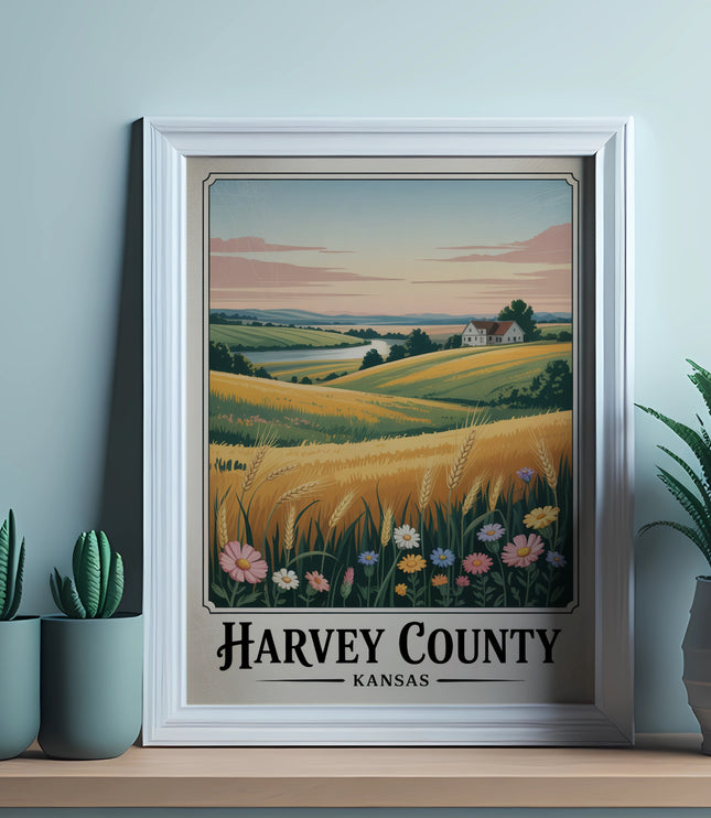 Framed "HARVEY COUNTY KANSAS" landscape print with wheat fields, wildflowers, and rolling hills.