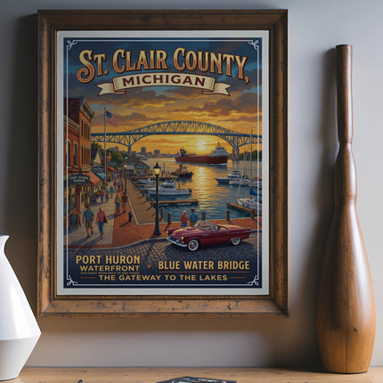 Vintage-style poster of Port Huron waterfront with Blue Water Bridge and title.