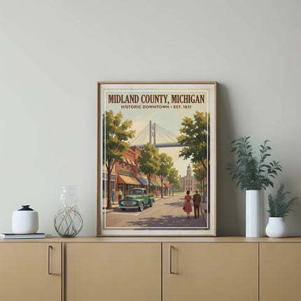 Midland County, Michigan Historic Downtown Est. 1831 illustration of street scene.