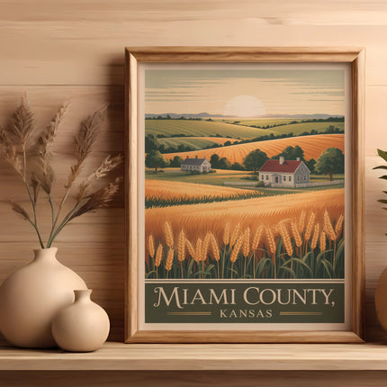 Framed artwork of a wheat field with farmhouse and "Miami County, Kansas" text.