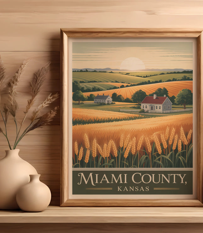 Framed artwork of a wheat field with farmhouse and "Miami County, Kansas" text.
