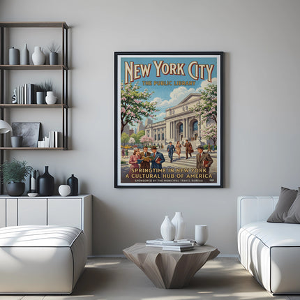 New York City Public Library, springtime travel poster, WPA art.