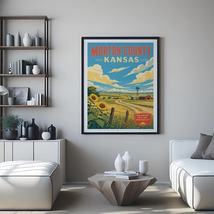 Morton County Kansas vintage travel poster with sunflowers and a barn.