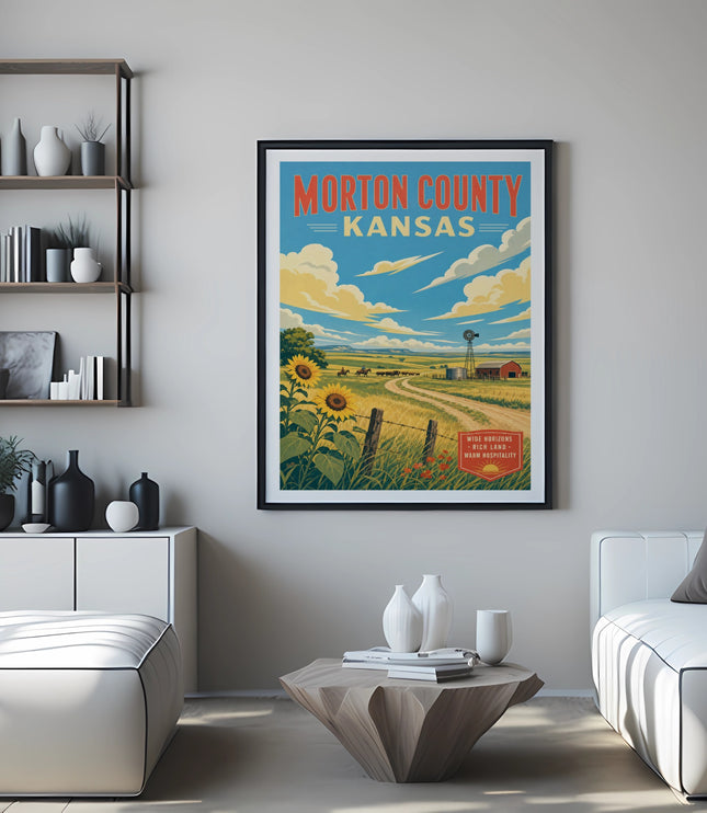 Morton County Kansas vintage travel poster with sunflowers and a barn.