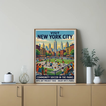 Vintage "Visit New York City" poster depicting a soccer game in a park.