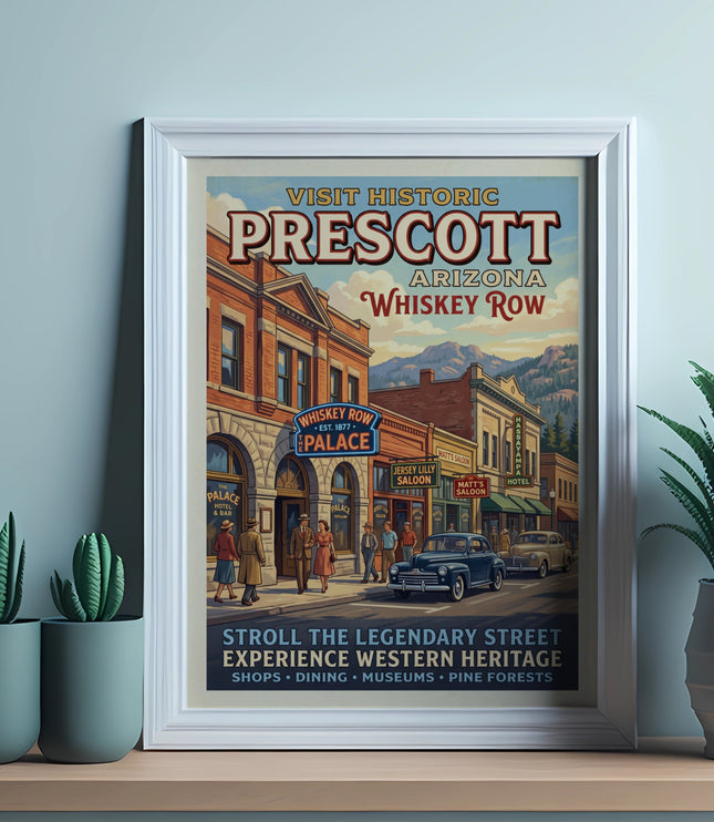 Prescott Arizona Whiskey Row vintage travel poster featuring buildings and vintage cars.